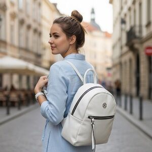 Marina Galanti White Pebbled Leather Backpack Silver Logo MG